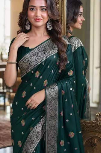 Green soft silk blend banarasi jacuard work festive saree with unstitched blouse piece
