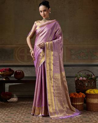 lavender smart heavy kanchivaram silk blend rich looks graceful saree 1