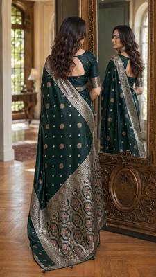 Green soft silk blend banarasi jacuard work festive saree with unstitched blouse piece 3