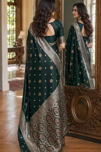 Green soft silk blend banarasi jacuard work festive saree with unstitched blouse piece