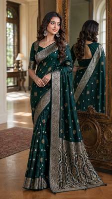 Green soft silk blend banarasi jacuard work festive saree with unstitched blouse piece 4
