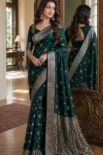 Green soft silk blend banarasi jacuard work festive saree with unstitched blouse piece