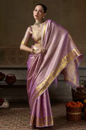 lavender smart heavy kanchivaram silk blend rich looks graceful saree