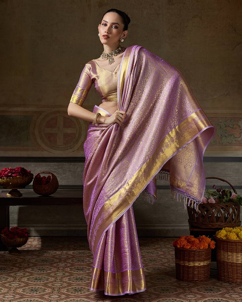 lavender smart heavy kanchivaram silk blend rich looks graceful saree