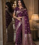 Wine soft silk blend banarasi jacuard work festive saree with unstitched blouse piece
