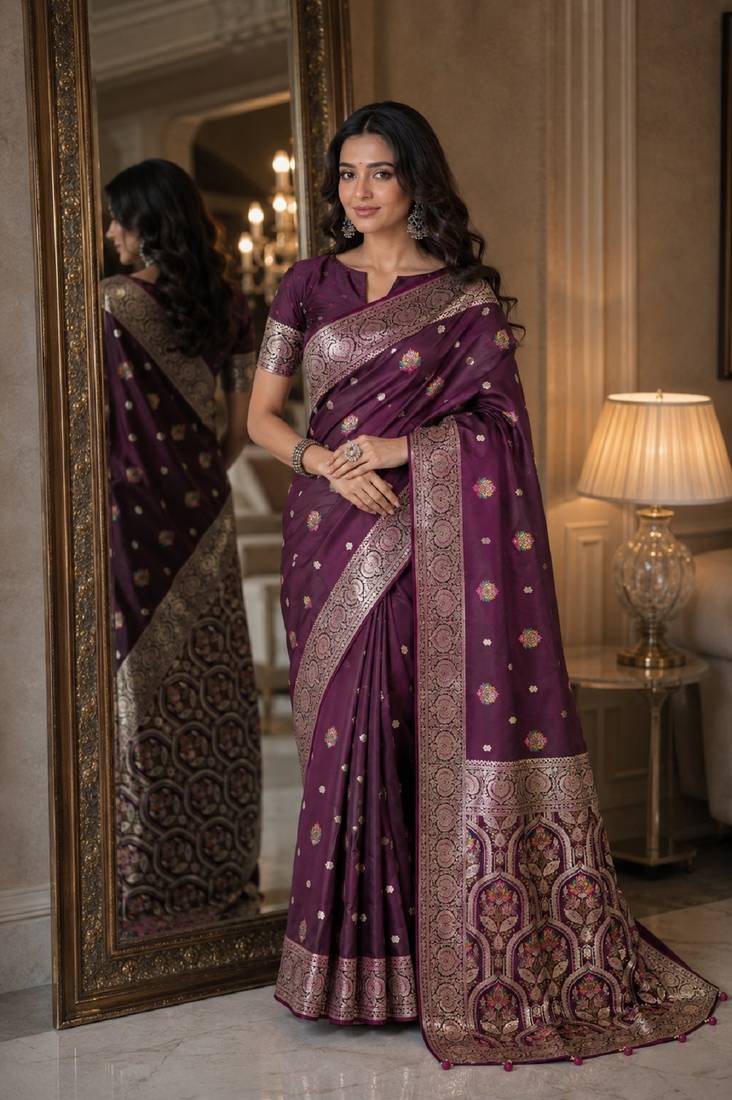 Wine soft silk blend banarasi jacuard work festive saree with unstitched blouse piece