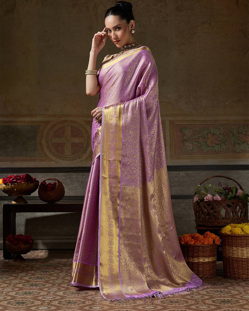 lavender smart heavy kanchivaram silk blend rich looks graceful saree
