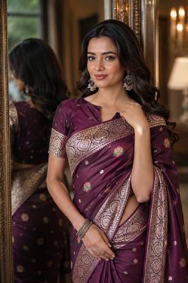 Wine soft silk blend banarasi jacuard work festive saree with unstitched blouse piece 2