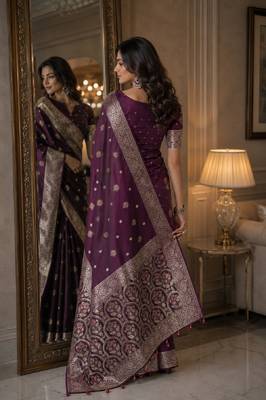 Wine soft silk blend banarasi jacuard work festive saree with unstitched blouse piece 3