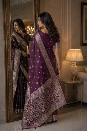 Wine soft silk blend banarasi jacuard work festive saree with unstitched blouse piece