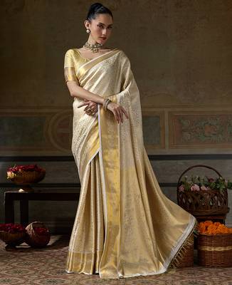 cream smart heavy kanchivaram silk blend rich looks graceful saree 1