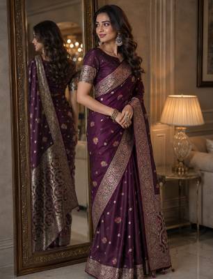 Wine soft silk blend banarasi jacuard work festive saree with unstitched blouse piece 4