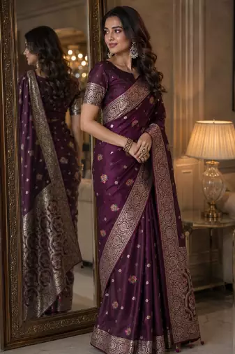 Wine soft silk blend banarasi jacuard work festive saree with unstitched blouse piece