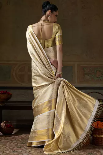 cream smart heavy kanchivaram silk blend rich looks graceful saree