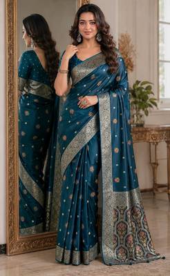 Rama soft silk blend banarasi jacuard work festive saree with unstitched blouse piece 1