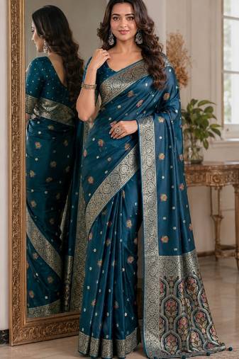 Rama soft silk blend banarasi jacuard work festive saree with unstitched blouse piece