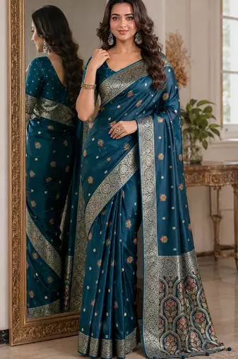 Rama soft silk blend banarasi jacuard work festive saree with unstitched blouse piece