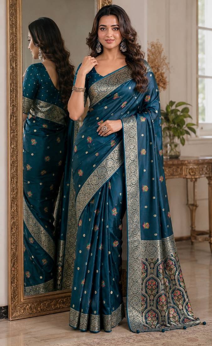Rama soft silk blend banarasi jacuard work festive saree with unstitched blouse piece
