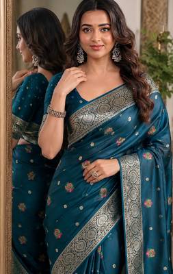 Rama soft silk blend banarasi jacuard work festive saree with unstitched blouse piece 2