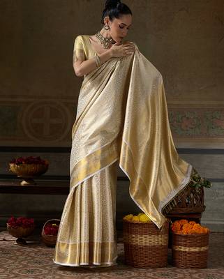 cream smart heavy kanchivaram silk blend rich looks graceful saree 3