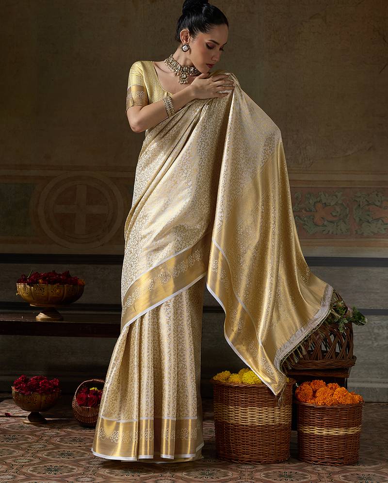 cream smart heavy kanchivaram silk blend rich looks graceful saree