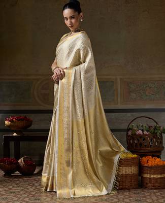 cream smart heavy kanchivaram silk blend rich looks graceful saree 4