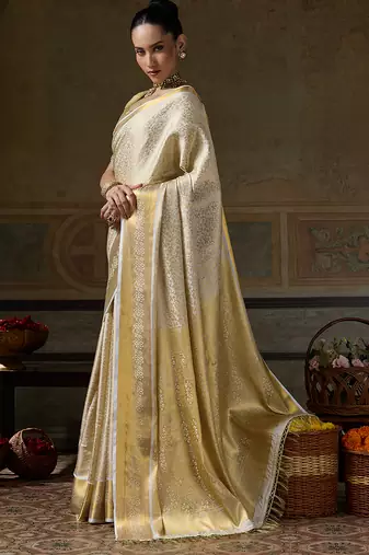 cream smart heavy kanchivaram silk blend rich looks graceful saree
