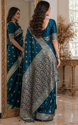 Rama soft silk blend banarasi jacuard work festive saree with unstitched blouse piece 3