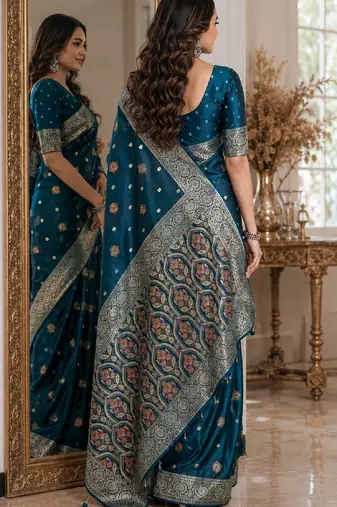 Rama soft silk blend banarasi jacuard work festive saree with unstitched blouse piece
