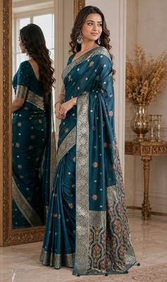 Rama soft silk blend banarasi jacuard work festive saree with unstitched blouse piece 4