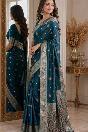 Rama soft silk blend banarasi jacuard work festive saree with unstitched blouse piece