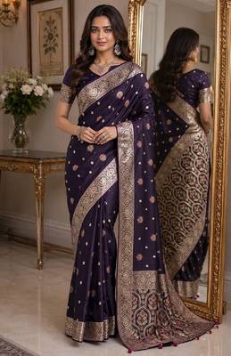 Plum soft silk blend banarasi jacuard work festive saree with unstitched blouse piece 1