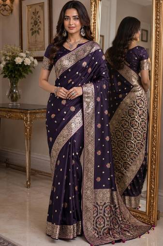 Plum soft silk blend banarasi jacuard work festive saree with unstitched blouse piece