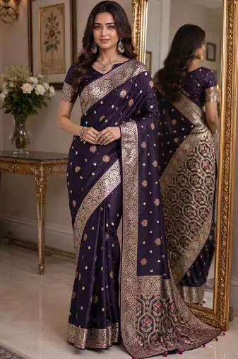 Plum soft silk blend banarasi jacuard work festive saree with unstitched blouse piece