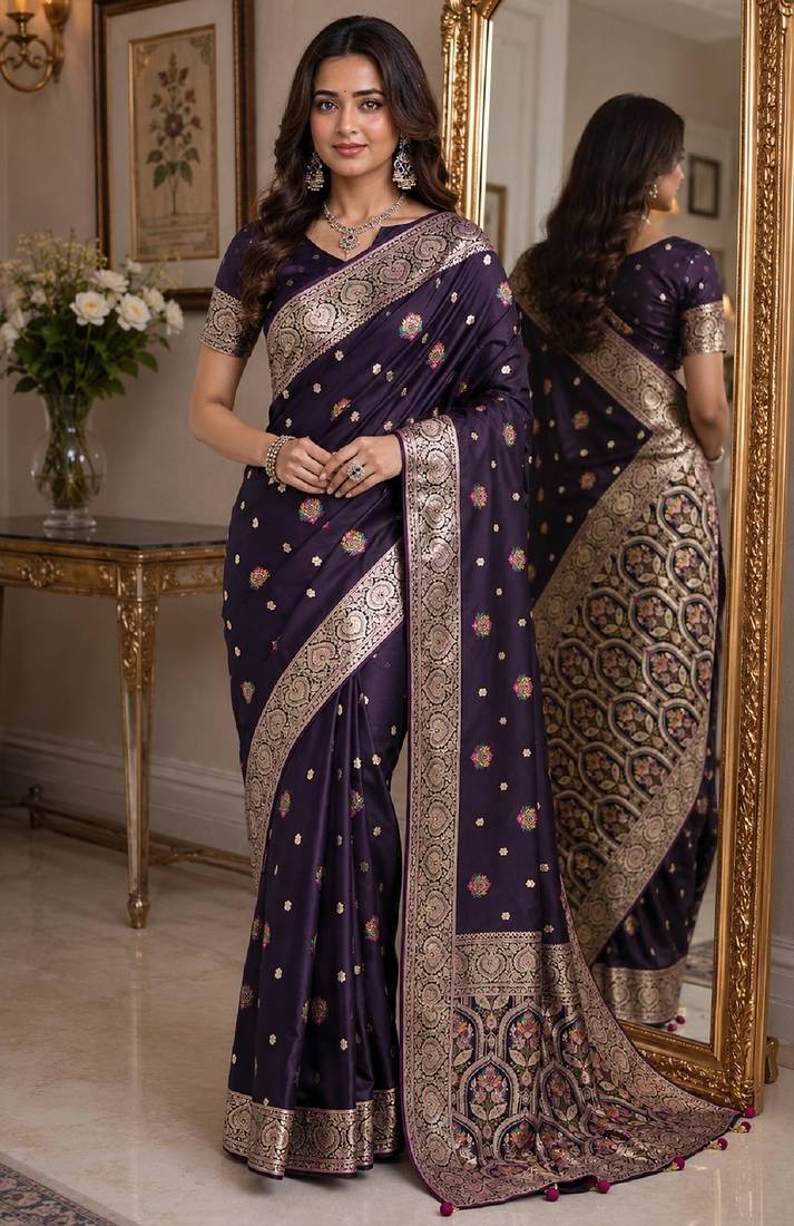 Plum soft silk blend banarasi jacuard work festive saree with unstitched blouse piece
