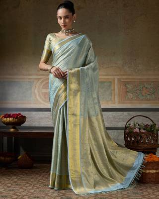 sky blue smart heavy kanchivaram silk blend rich looks graceful saree 1