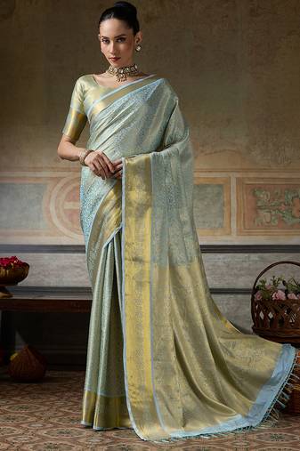 sky blue smart heavy kanchivaram silk blend rich looks graceful saree