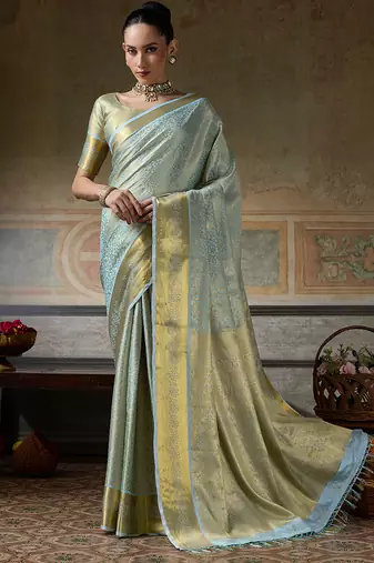 sky blue smart heavy kanchivaram silk blend rich looks graceful saree