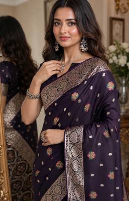 Plum soft silk blend banarasi jacuard work festive saree with unstitched blouse piece 2