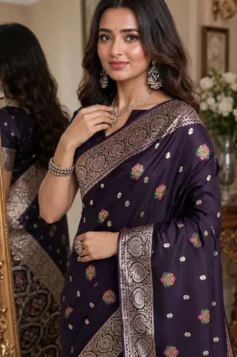 Plum soft silk blend banarasi jacuard work festive saree with unstitched blouse piece
