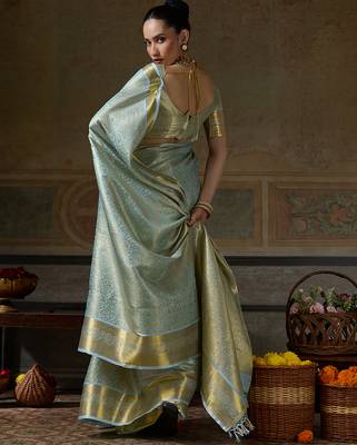 sky blue smart heavy kanchivaram silk blend rich looks graceful saree 2