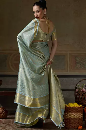 sky blue smart heavy kanchivaram silk blend rich looks graceful saree