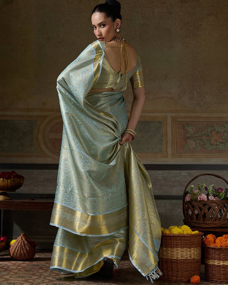 sky blue smart heavy kanchivaram silk blend rich looks graceful saree