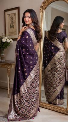 Plum soft silk blend banarasi jacuard work festive saree with unstitched blouse piece 3