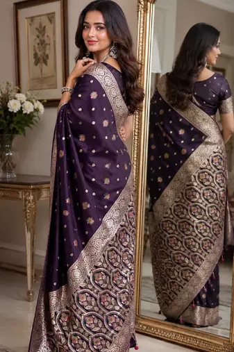 Plum soft silk blend banarasi jacuard work festive saree with unstitched blouse piece