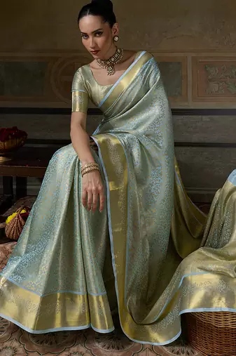 sky blue smart heavy kanchivaram silk blend rich looks graceful saree