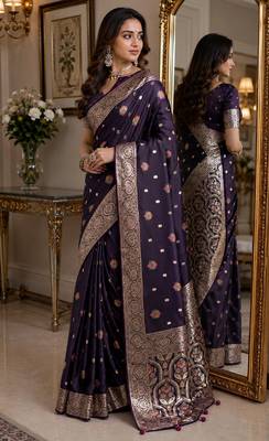 Plum soft silk blend banarasi jacuard work festive saree with unstitched blouse piece 4