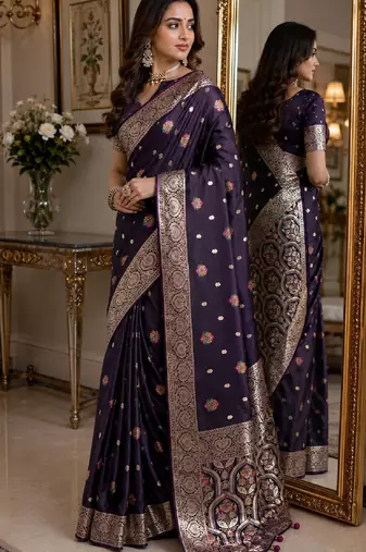 Plum soft silk blend banarasi jacuard work festive saree with unstitched blouse piece