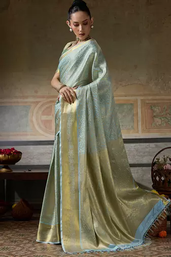 sky blue smart heavy kanchivaram silk blend rich looks graceful saree