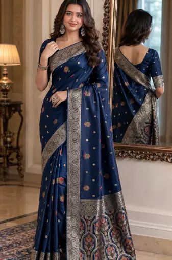 Blue soft silk blend banarasi jacuard work festive saree with unstitched blouse piece